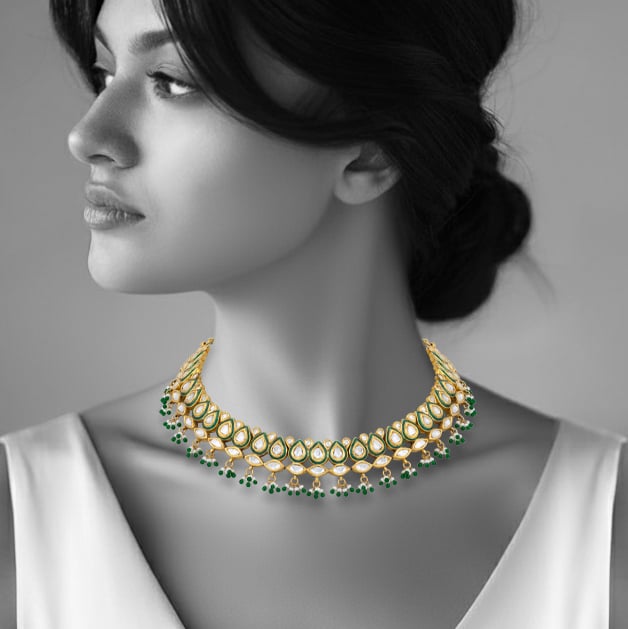 Emerald Enamel Polki Necklace with Pear Motif Detailing